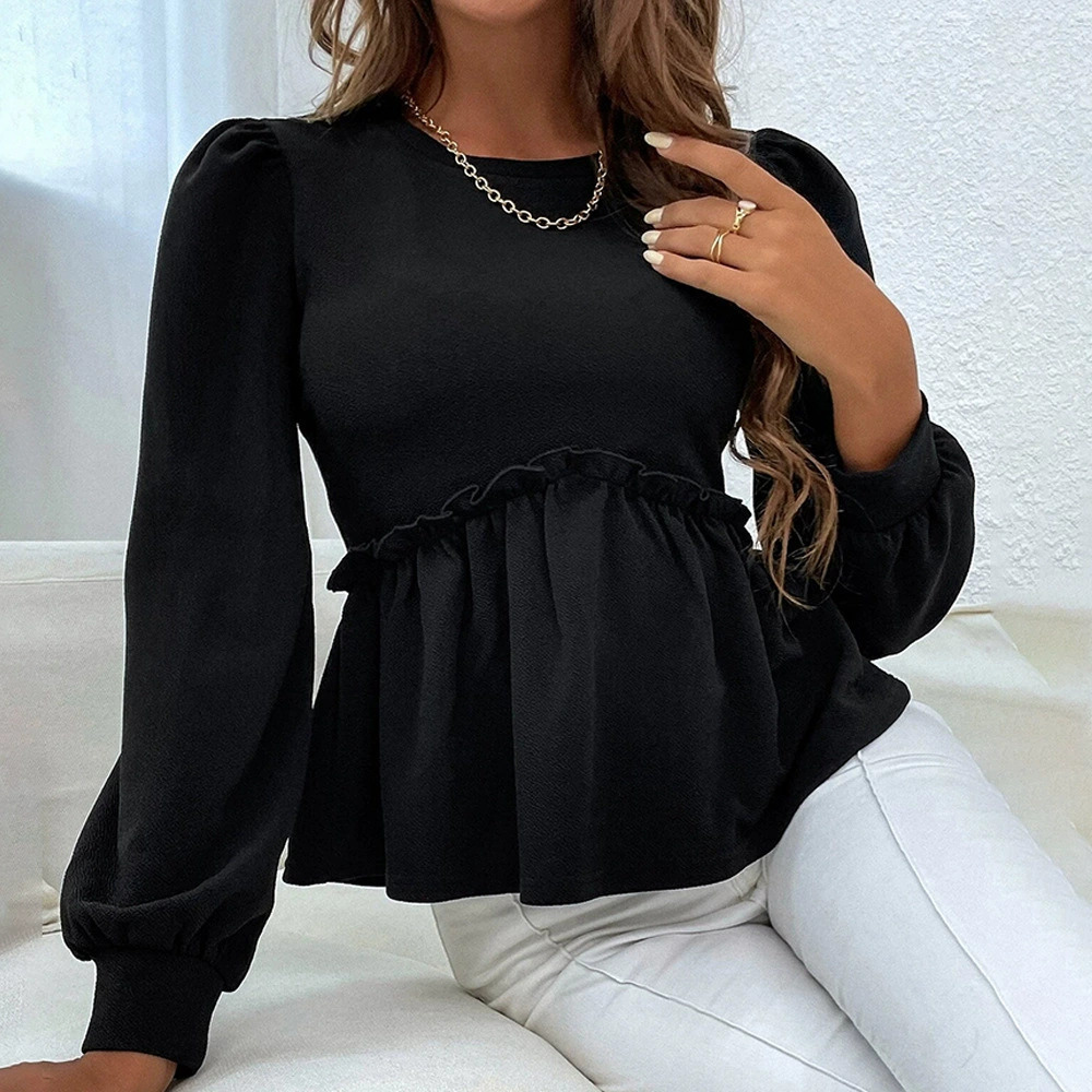 ZARA Chic Commuter Round Neck Puff Long Sleeve Ruffle Blouse Pullover